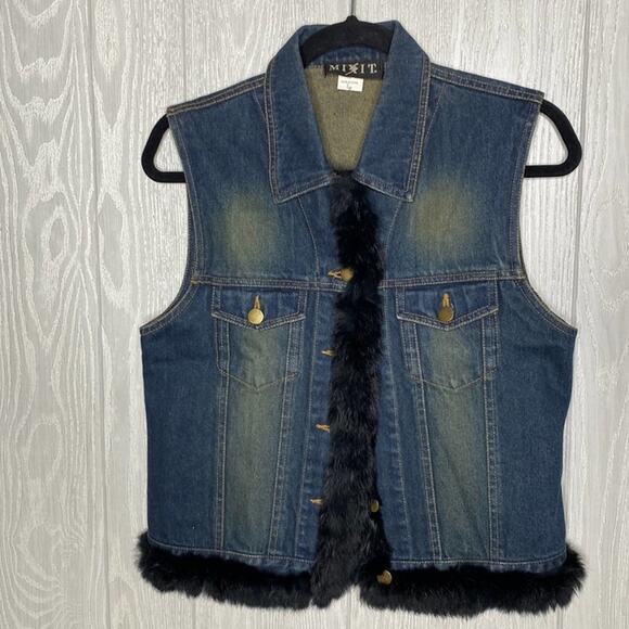 Jean jacket vest with real rabbit fur lining size‎ medium - Picture 1 of 5